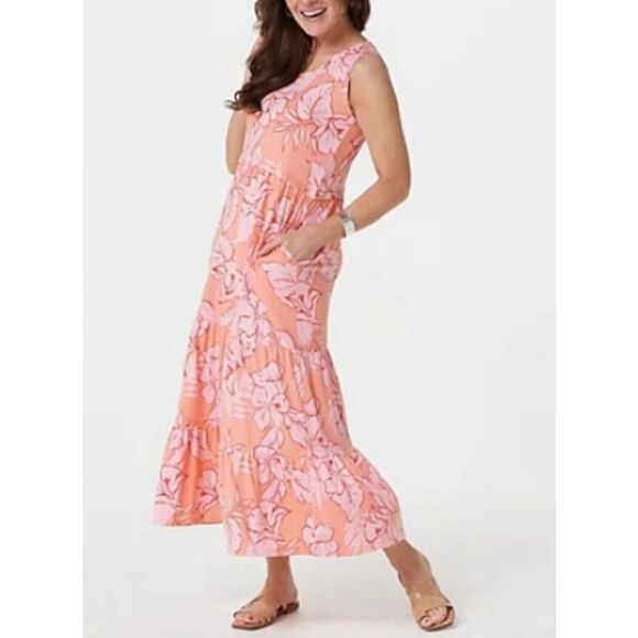 Cuddl Duds Small coral hibiscus tiered floral maxi dress - Picture 1 of 8